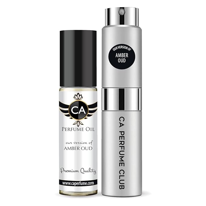 CA Perfume Duo Impression of Amber Oud For Women And Men Perfume Layering Set Long Lasting Travel Size EDP + Body Oil Roll-On Bottle 0.27 Fl Oz+0.33 Fl Oz