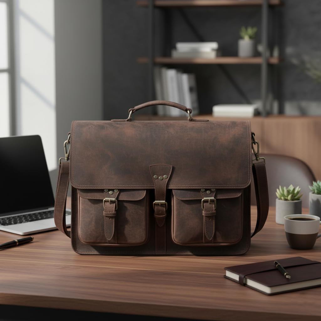 Vintage Leather Messenger Bag for Men & Women, Multi-Pocket Briefcase Satchel, 16 Inch Laptop Shoulder Bag – Brown (Vintage Brown, 18 inch Large)