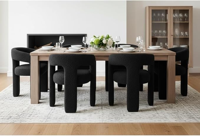 DAYALANE Modern Boucle Dining Chair, Sherpa Upholstered Accent Kitchen Chair with Arms Comfy Barrel Side Chair for Living Room/Home Office/Reception, Black Fur