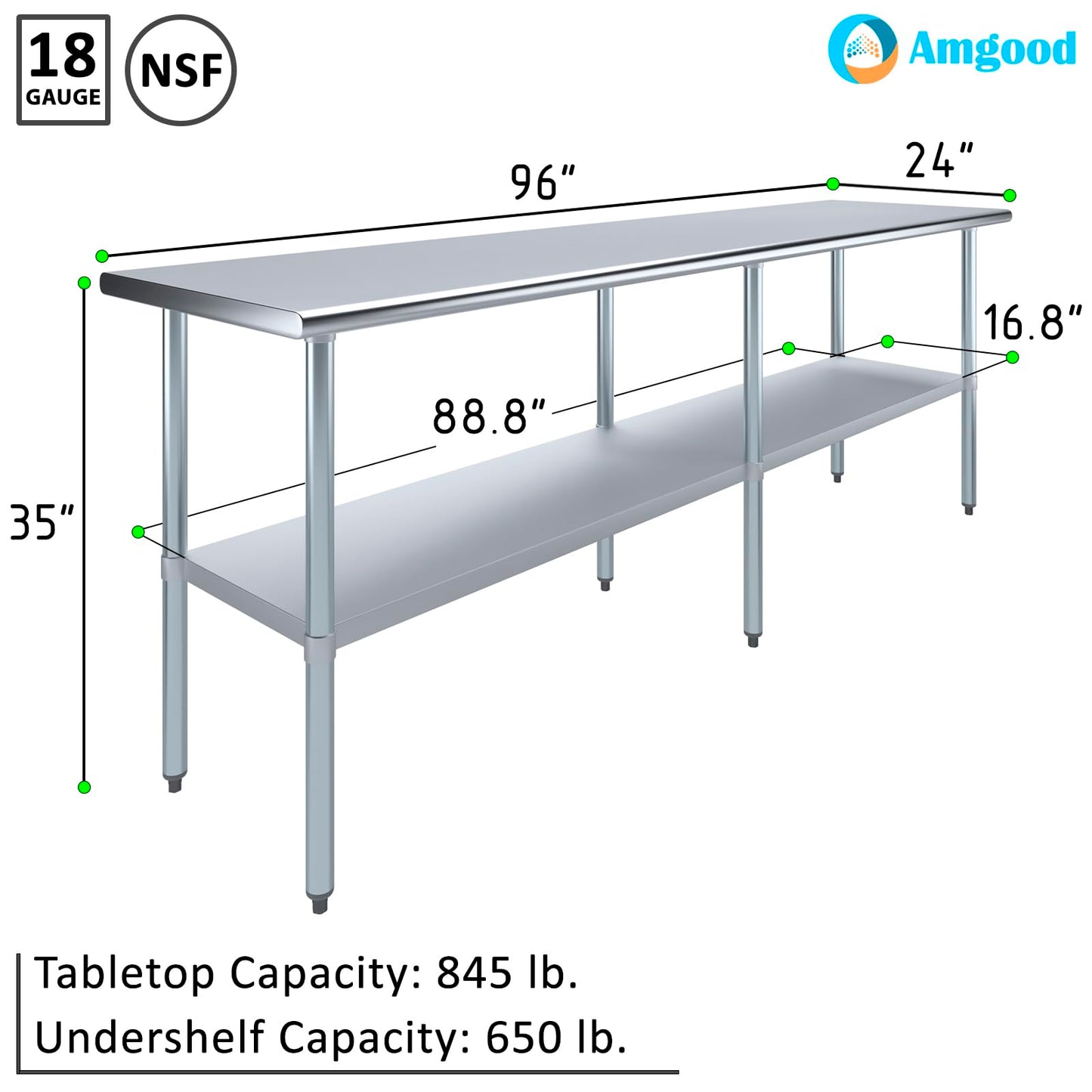 AmGood 24 in. x 96 in. Stainless Steel Work Table | Metal Kitchen Food Prep Table | NSF
