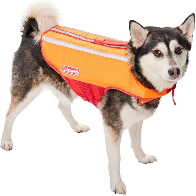 COLEMAN Pet Flotation Dog Vest, Medium (up to 55 lbs). 15 in L x 21-27 in W - Blaze Orange & Red