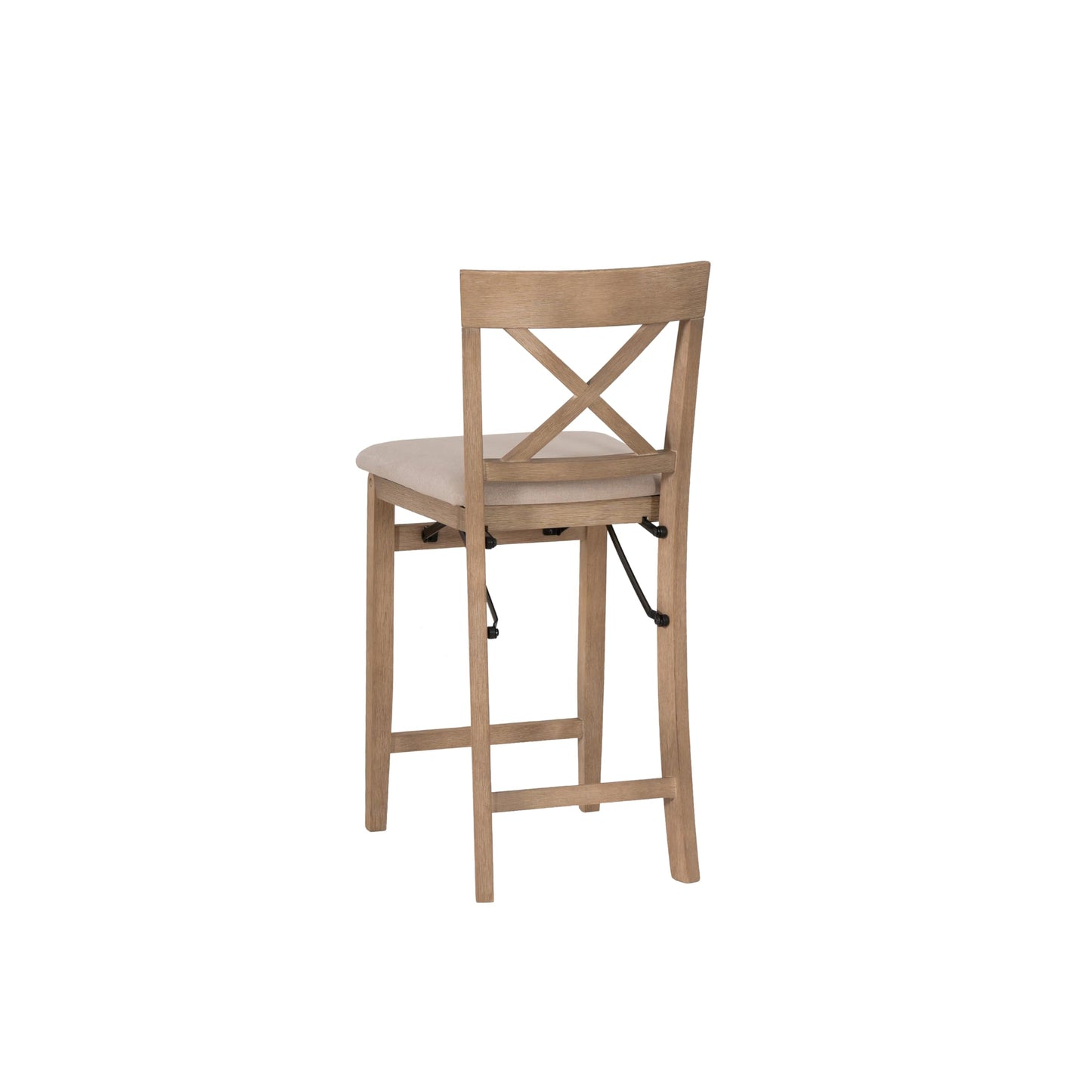 Linon Triena X Back Neutral Greywash Wooden Fully Assembled Folding 24 Inch Seat Height Counter Stool with Beige Upholstered Seat