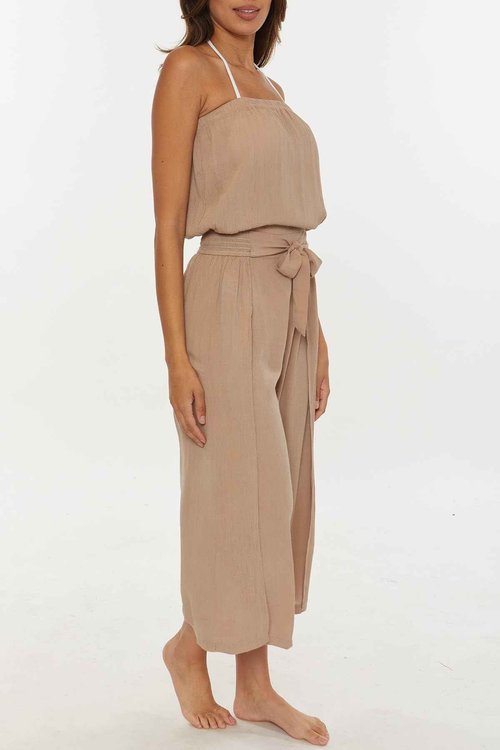 BECCA Women's Standard Ponza Woven Jumpsuit, Crinkled, Beach Cover Ups, Driftwood, Small