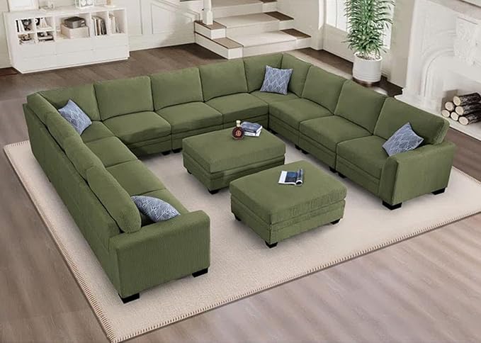 Legend Vansen Oversized Modular Sectional Sofa,8 Seat U Shaped Couch with Ottoman,Corduroy Sofa with Deep Seat,Convertible Large Sectional Couches for Living Room (Olive, U-13)