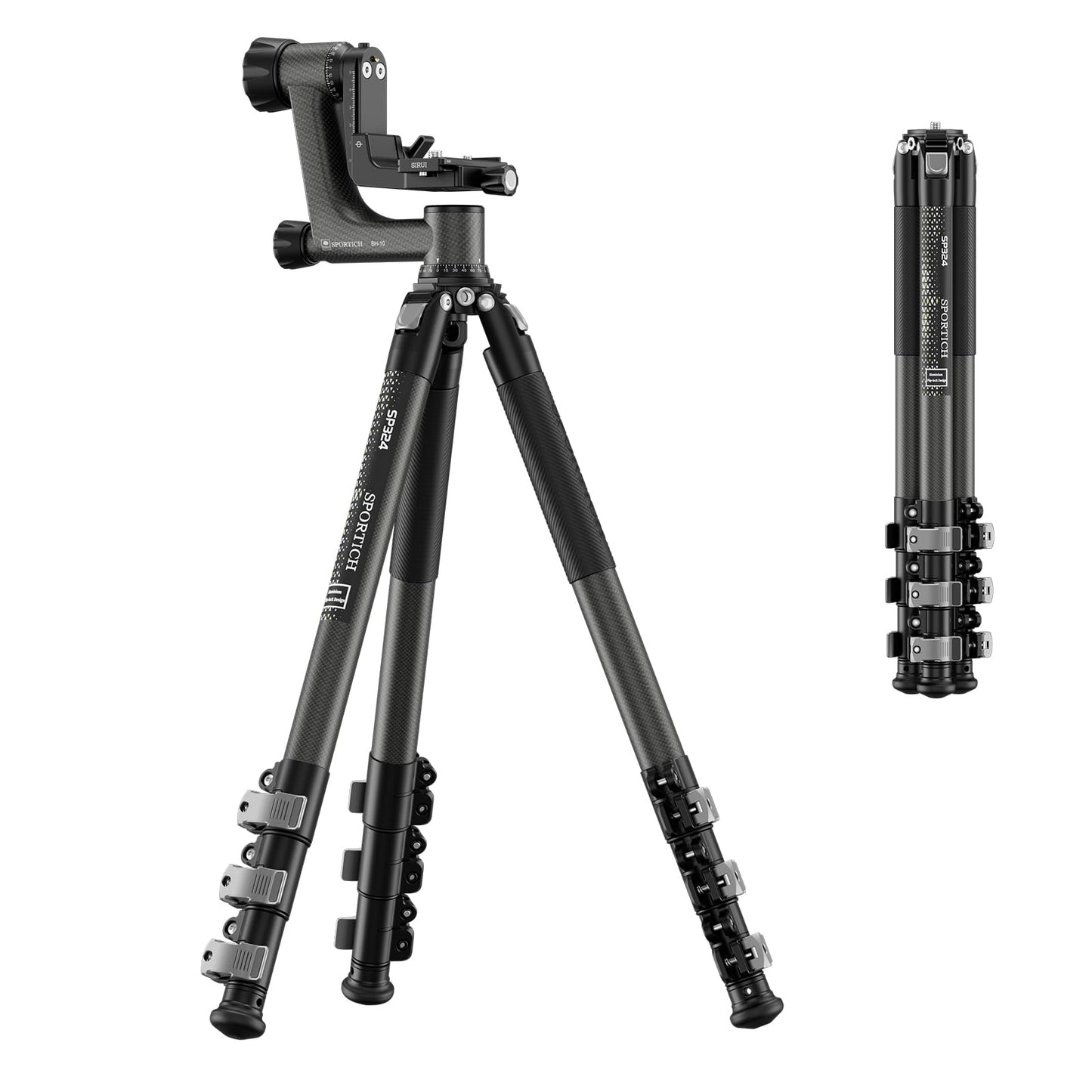 Sportich Heavy Duty SP324 Carbon Fiber Tripod and BH-10 Gimbal Head Kit, Professional for Landscape, Wildlife, Bird Photography, Sports, Long Telephoto, Video Tracking, Supports up to 33lbs/15kg