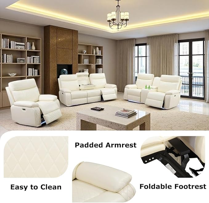 Toseslo Power Recliner Loveseat Set, Living Room Furniture Sets, Leather Reclining Sofa Sectional Couch, 2 Seater Reclining Couches, Reclining Sofa with Storage Console for House, Vanilla White
