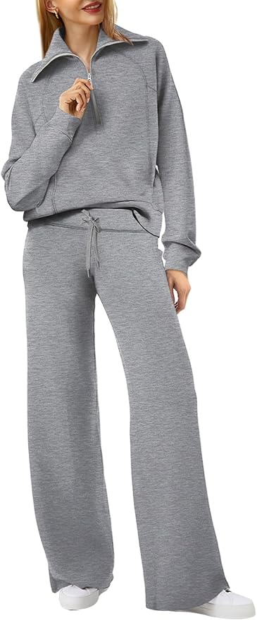 XIEERDUO Lounge Sets For Women 2025 Half Zip Sweatshirt And Wide Leg Sweatpant 2 Piece Outfits Sweatsuit Tracksuit
