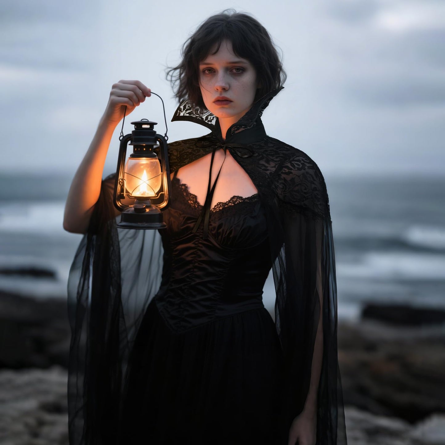 L'VOW Black Vampire Cloak Stand-up Lace Collar Cape Gothic Tulle Witches Cape for Womeen Halloween