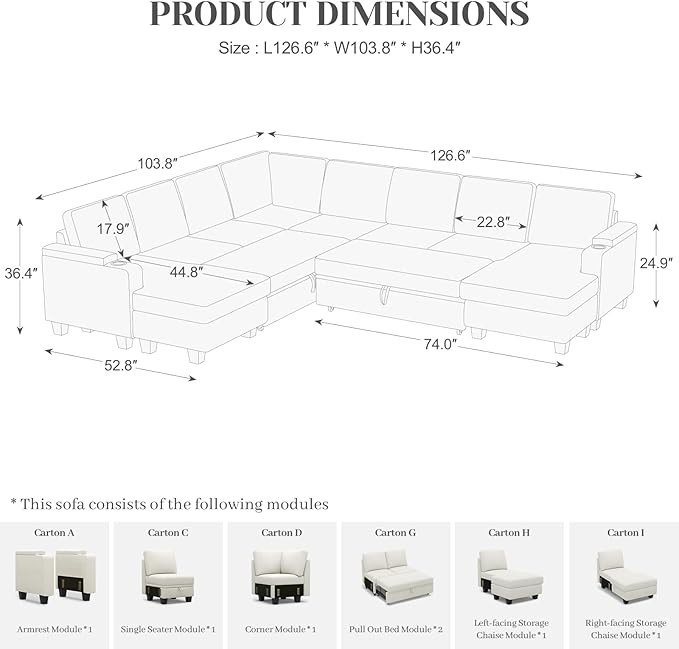 Belffin Oversized Sleeper Sofa U Shaped Modular Sectional Couch with Double Storage Chaise Convertible Sofa Bed. White Couch