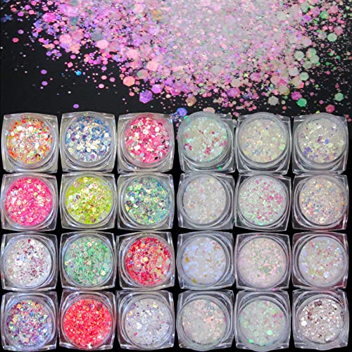 LoveOurHome 24 Box Iridescent Aurora Glitters Powder Pigment Nail Decorations Hexagon Chunky Flakes Sequins Accessories fo...