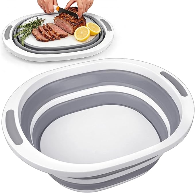 Collapsible Wash Basin, 7.5L Dish Tub Sink Basin Folding Dish Pans for Kitchen Sink, 2-in-1 Dishpan + Cutting Board, Porta...