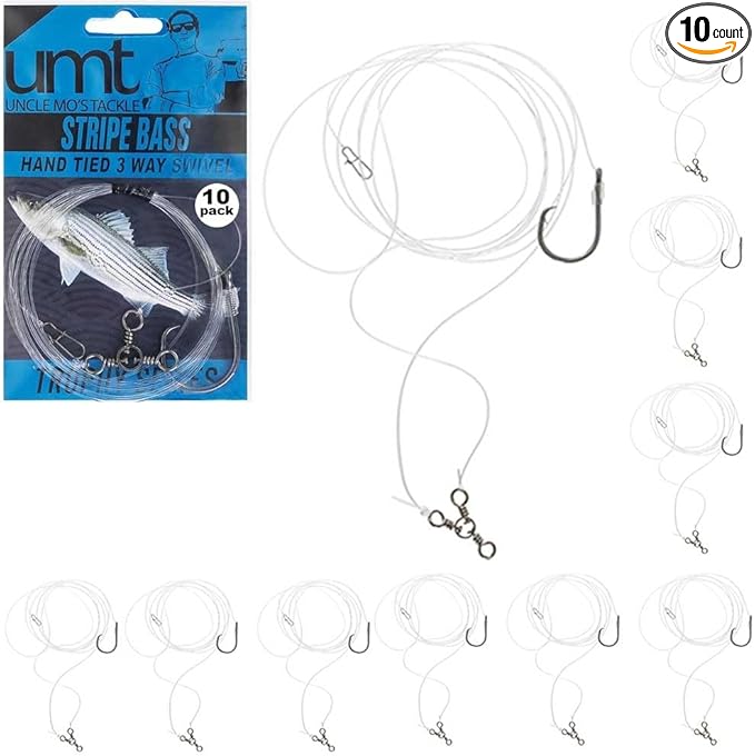 Striped Bass 3-Way Swivel Rigs 1,5 & 10-Pack Quality 6/0 Circle Hooks Uncle Mo's Tackle Saltwater Fishing Gear - Robust 60...