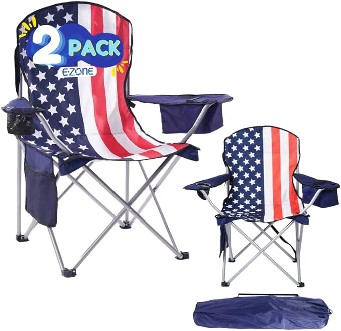 EZONE 2-Pack Camping Chairs with Built-in Ice Cooler, Portable Chair, Storage Pocket, Cup Holder, and Carry Bag Perfect for Camping, Tailgating, Fishing, Beach, and Lawn (2, Flag)
