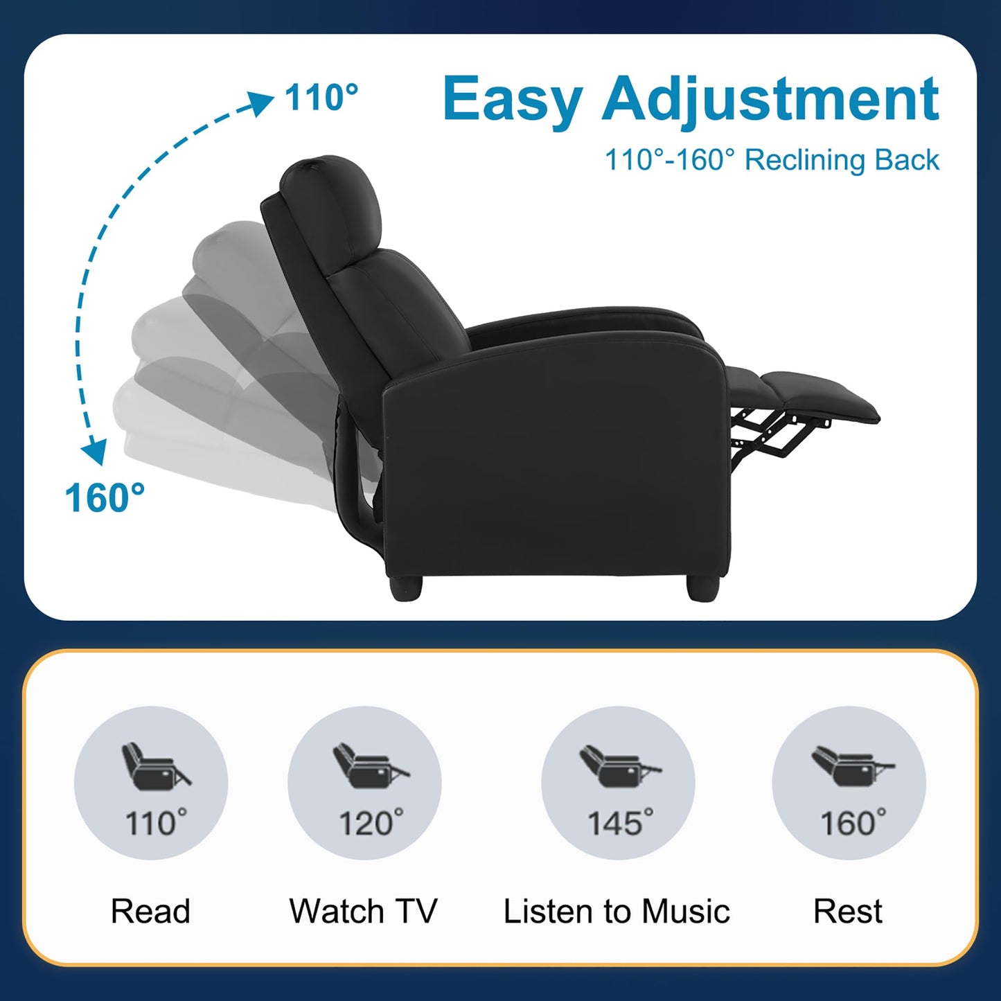 24/7 Shop at Home Esplanade Modern Faux Leather Reclining Chair with Massage, Comfortable Backrest for Living Room, Black