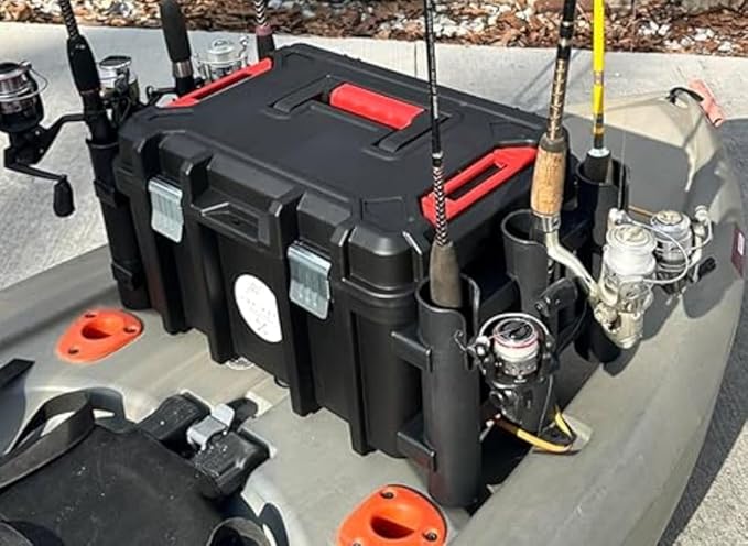 Kayak Fishing Crate - 6 Integrated Rod Pole Holders, Tackle Box Accessory Storage Area and Tray with Lockable Lid - No Ass...