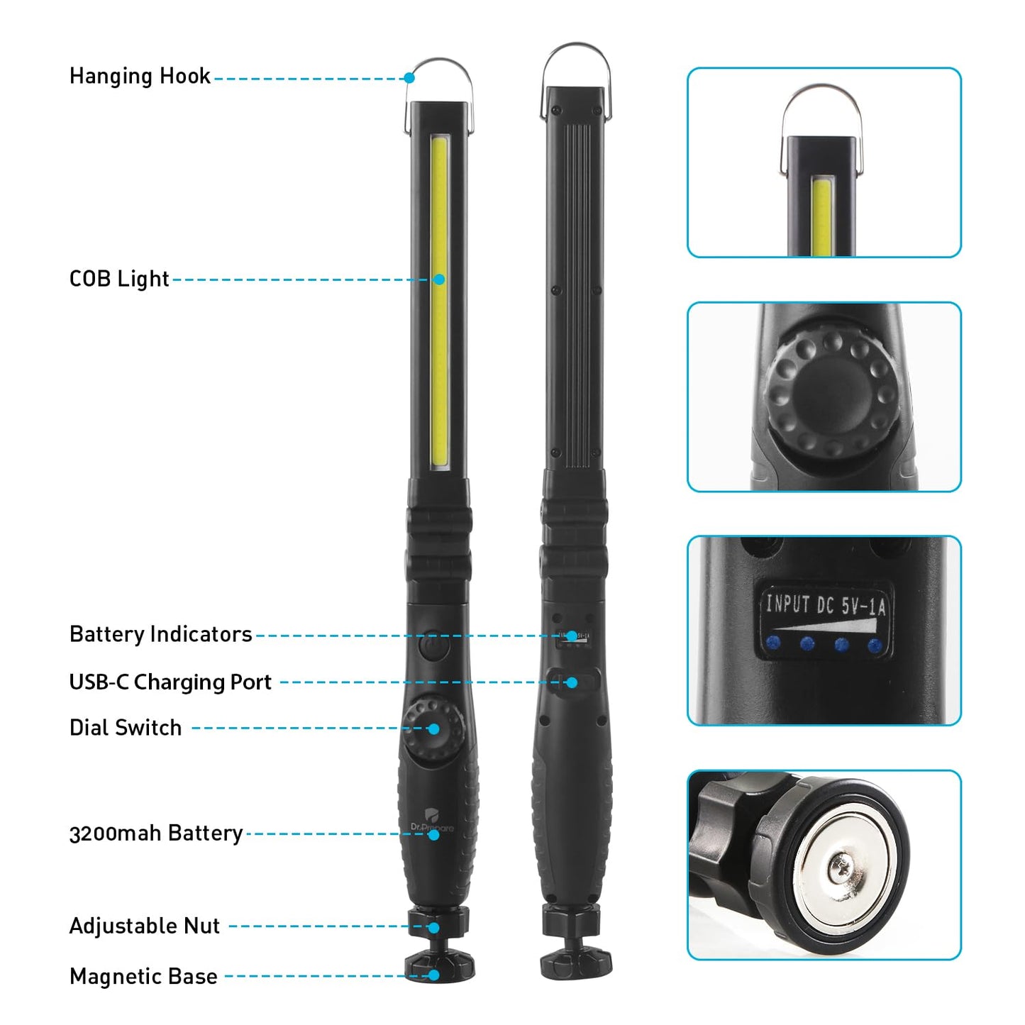 Dr. Prepare LED Work Light, 700 Lumens Foldable Rechargeable Work Light, 3200mAh Cordless Portable Magnetic COB LED Inspection Light for Car Repair, Home, Garage, Emergency, 2 Pack
