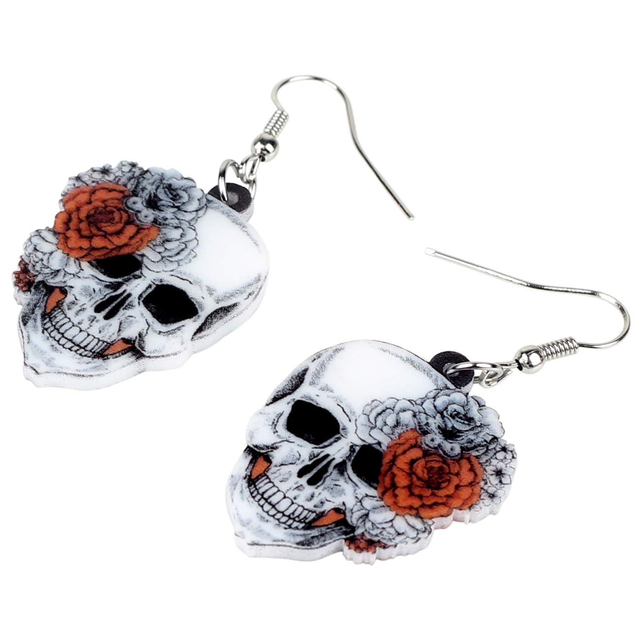 Bonsny Acrylic Drop Dangle Halloween Rose Flower Skeleton Skull Earrings Punk Jewelry For Women Gift