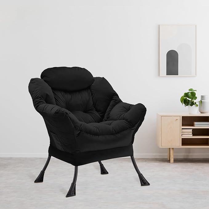 Youtanic Lazy Chair Thick Padded, Comfy Velvet Accent Lounge Chair with Stable Frame, Leisure Sofa Armchair with Armrests and Side Pocket, Reading Chair for Bedroom, Living Room, Office, Black