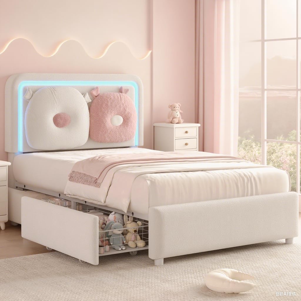 Twin Bed Frame with Boucle Upholstered Headboard, Girls Bed with 2 Drawers, Solid Wood Slats Support, No Box Spring Needed/Easy Assembly, White Twin Bed