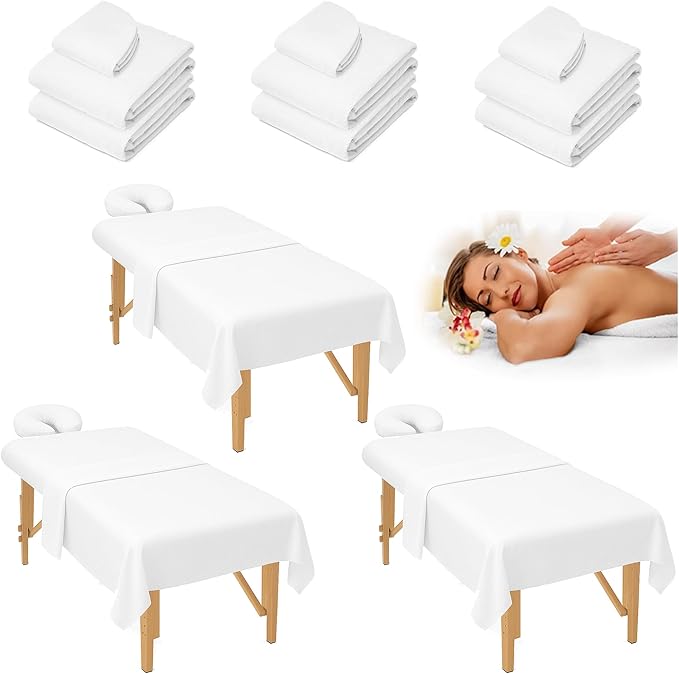 3 Sets Massage Table Sheets Set – Each Set Included 3pcs (Flat Sheet, Fitted Sheet, Face Rest Cover) – White Microfiber for Spa and Professional Use