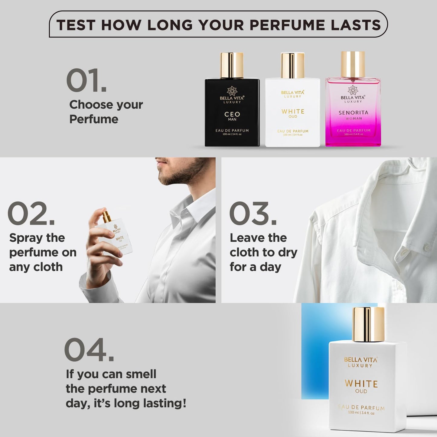 BellaVita Luxury White OUD Unisex Perfume 100Ml | Premium Arabic Men and Women Perfumes | Notes of Artemisia, Musk, Oud Vetiver and Freesias | Exquisite Unisex Arabian Perfume for Women & Men