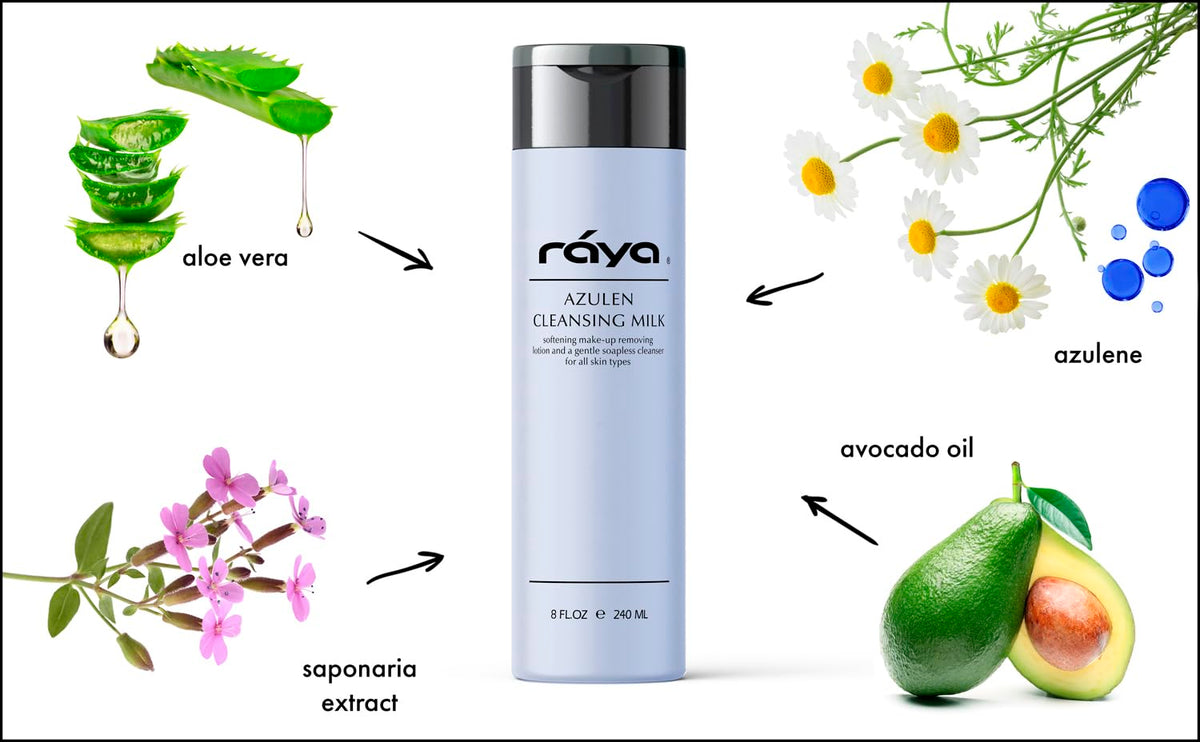 Raya Azulen Facial Cleansing Milk 8 oz (150) | Calming and Refining, Soap-Free Fluid Cleanser and Make-Up Removing Lotion | Made
