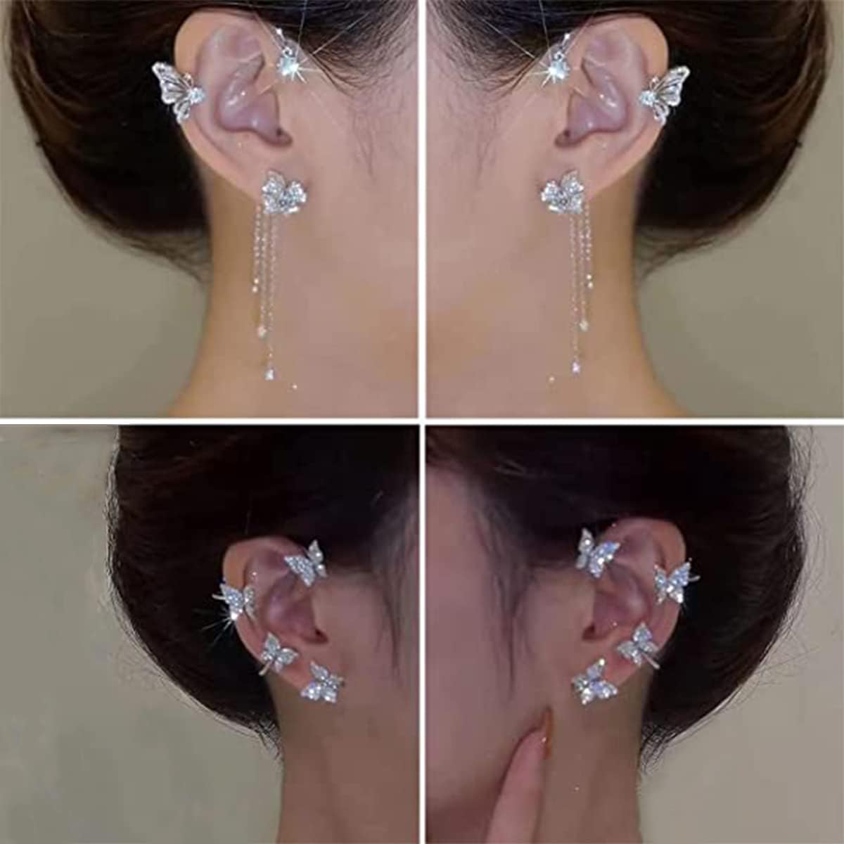 RIJXU 2 Pairs Dainty Silver Butterfly Ear Cuffs & Wraps for Women Non Piercing Bling Butterfly Tassel Style Zircon Earrings Ear Clips Bridal Wedding Jewelry (Silver)