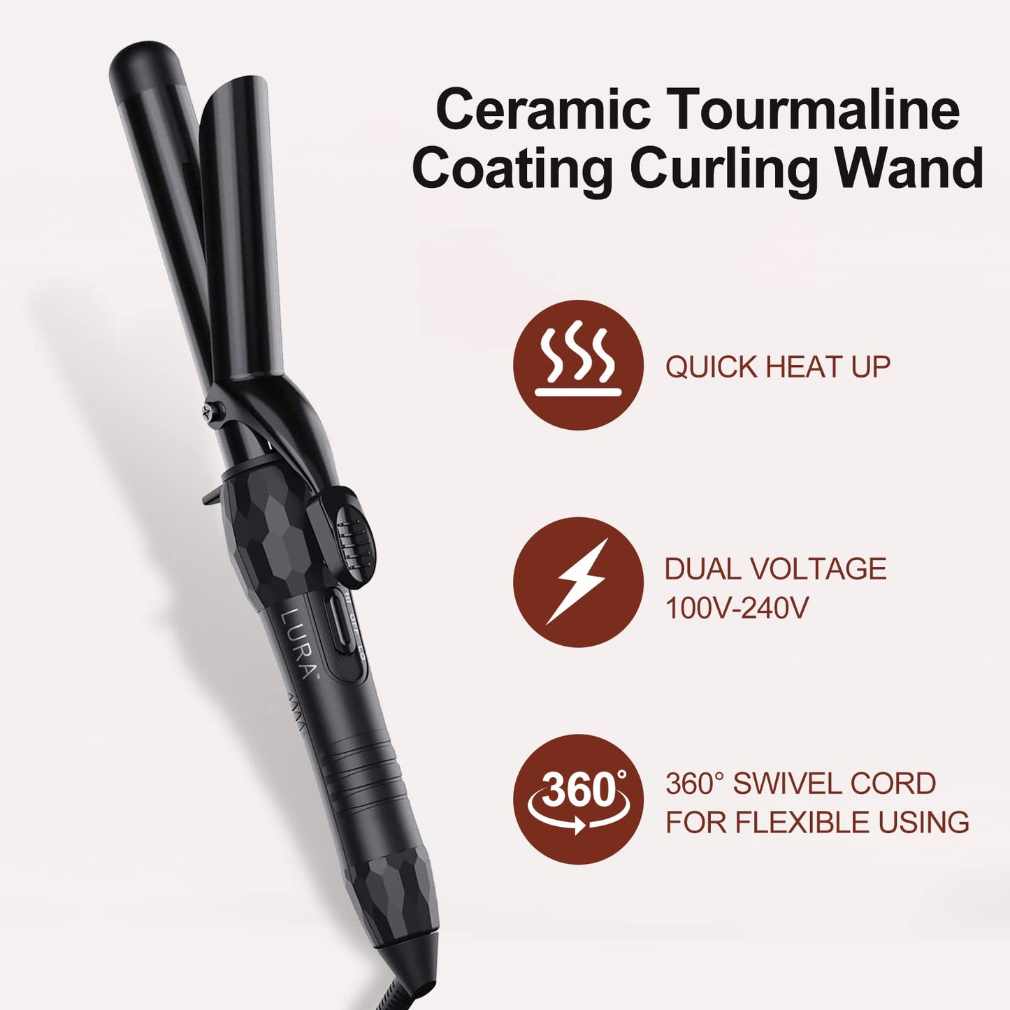 LURA 1 Inch Curling Iron with Ceramic Tourmaline Barrel, Dual Voltage Hair Curler with 2 Heat Settings (320?-410?), Curling Wand
