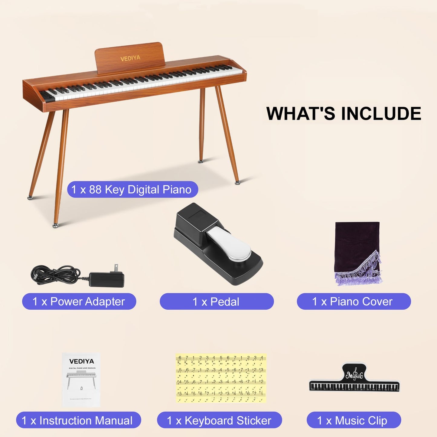 Vediya Digital Piano Keyboard 88 key,Semi-Weighted Electric Piano,Full Size Acoustic Piano for Beginners with Pedal, USB-MIDI Compatibility (Brown)