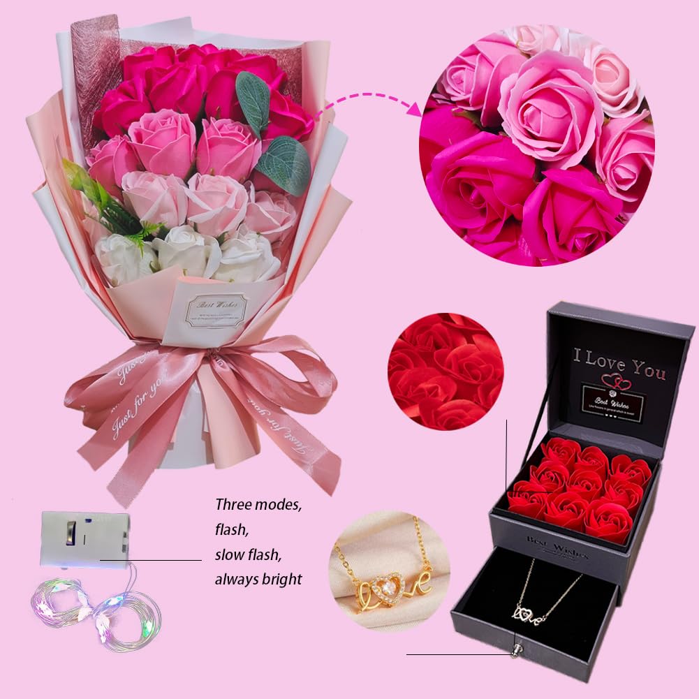 EIGHTOWN Roses Bouquet Artificial Flower - Preserved Red Flowers with Love Necklace for Her - Unique Gifts Valentine's Day, Mother's Day, Thanksgiving, Birthday, Anniversary… (Hotpink)