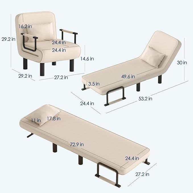 Furniliving 4 in 1 Folding Sofa Bed Chair, Convertible Sleeper Chair Bed with 6-Position Adjustable Backrest, Upholstered Chaise Lounge with Pillow, Accent Chairs for Bedroom/Office, Linen, Beige, 2