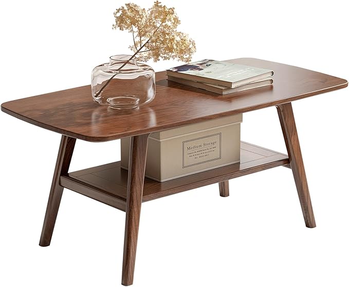Wayshome 100% Solid Oak Wood Coffee Table for Living Room, 2-Tier Living Room Table with Storage Shelf, Mid Century Modern Coffee Tables (Walnut Colour, 39.37" W x19.68 D x 17.32" H)