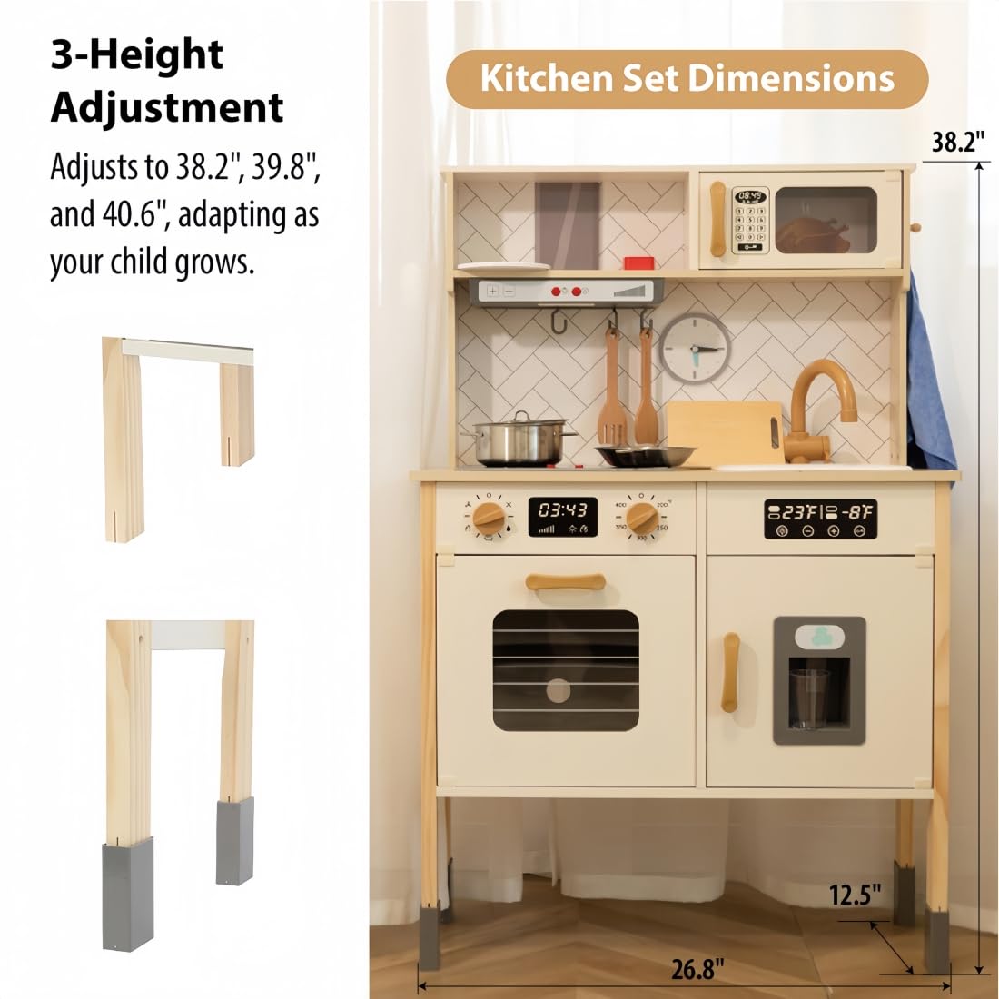 Freniland Wooden Play Kitchen, Kitchen Playset for Kids with Realistic Stove, Range Hood, Oven, Ice Maker, Microwave, Sink, with Light & Sound, 18 Accessories, Pretend Toy Kitchen, Gift for Ages 3+