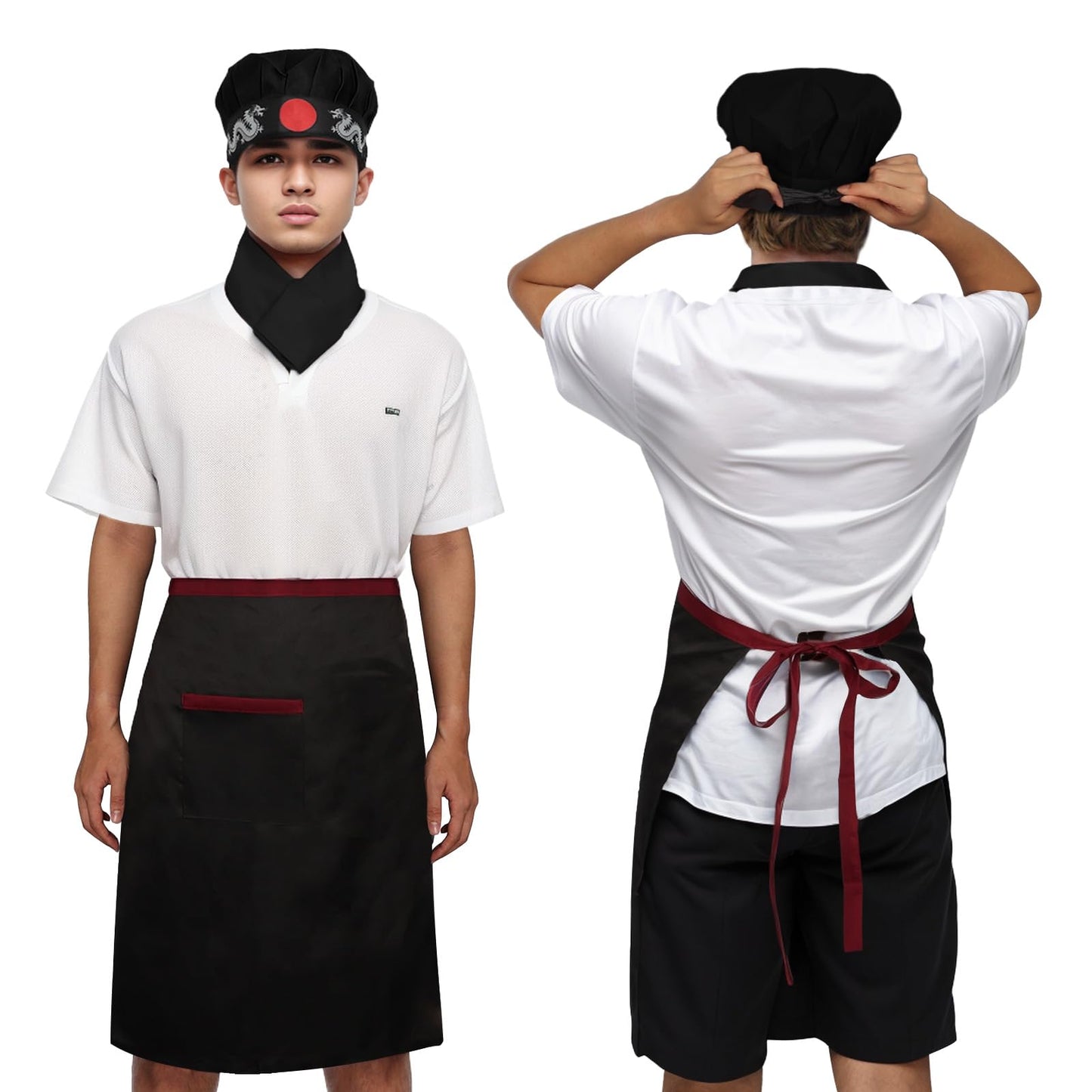 Ngdhkd 4PCS Hibachi Costume Cooking Accessories Halloween Hat Apron Baker Kitchen Tie Headband Cosplay Party Men Women (Black)