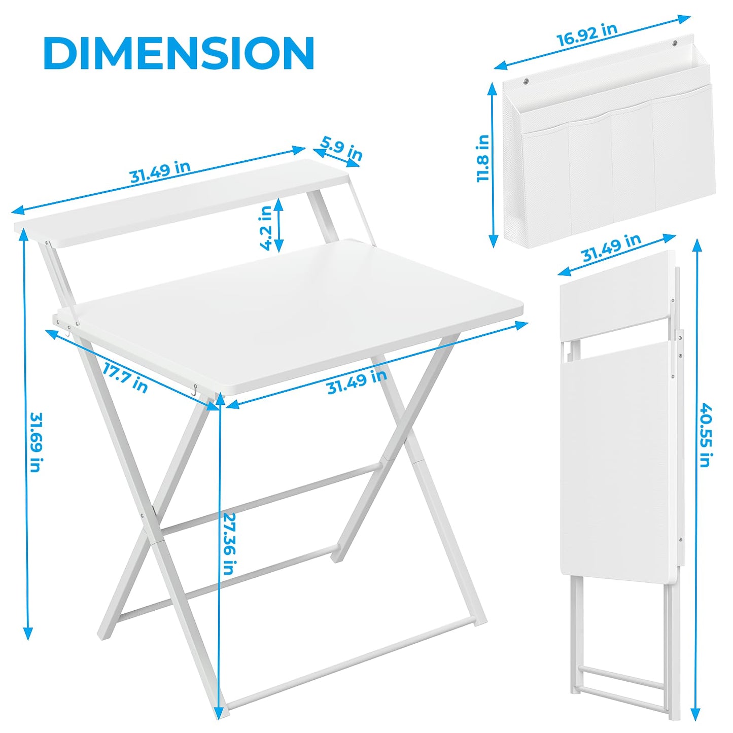 GreenForest Folding Desk for Small Spaces, 31.5 inch Foldable Table with Storage Bag, 2-Tier Portable Computer Desk with Monitor Stand for Home Bedroom, Pure White