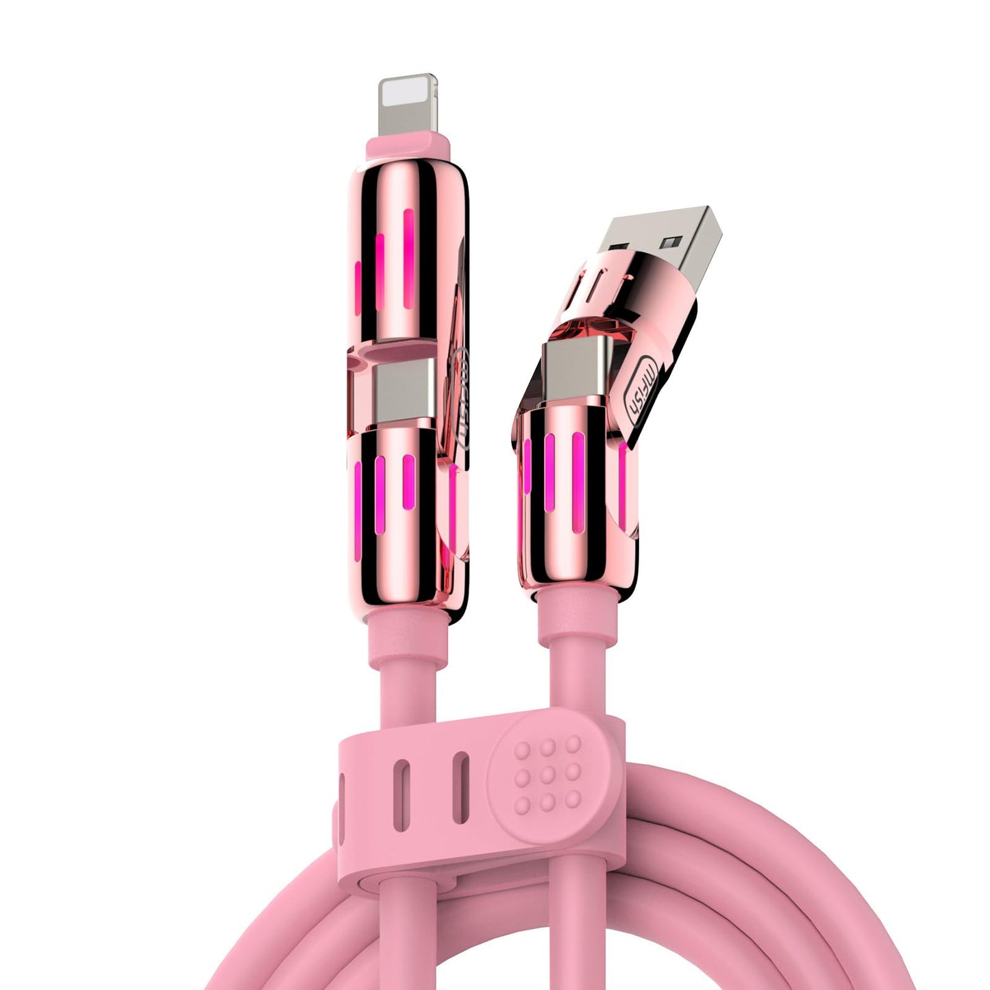 MFish 4-in-1 Universal Multi USB Charging Cable – 240W Max Fast Charger Cord with Multiple Connectors for iPhone 16/15/14/13, iPad, Samsung, MacBook, Tablets & More (Pink, 6.6Ft)