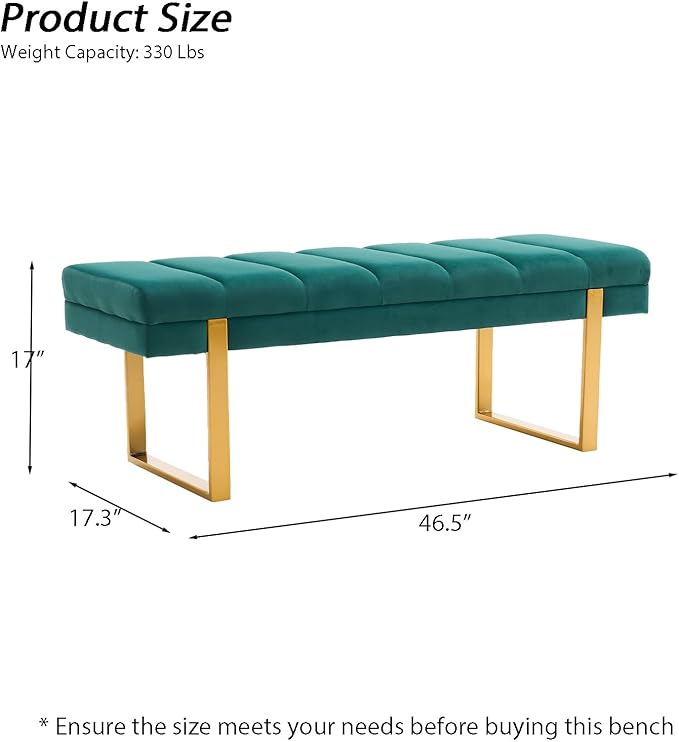 AIITTCC Velvet Ottoman Bedroom Bench, 46.5" Tufted Padded End of Bed Bench with Gold Legs, Upholstered Shoe Bench for Living Room Entryway Window (Green, 46" Wide)