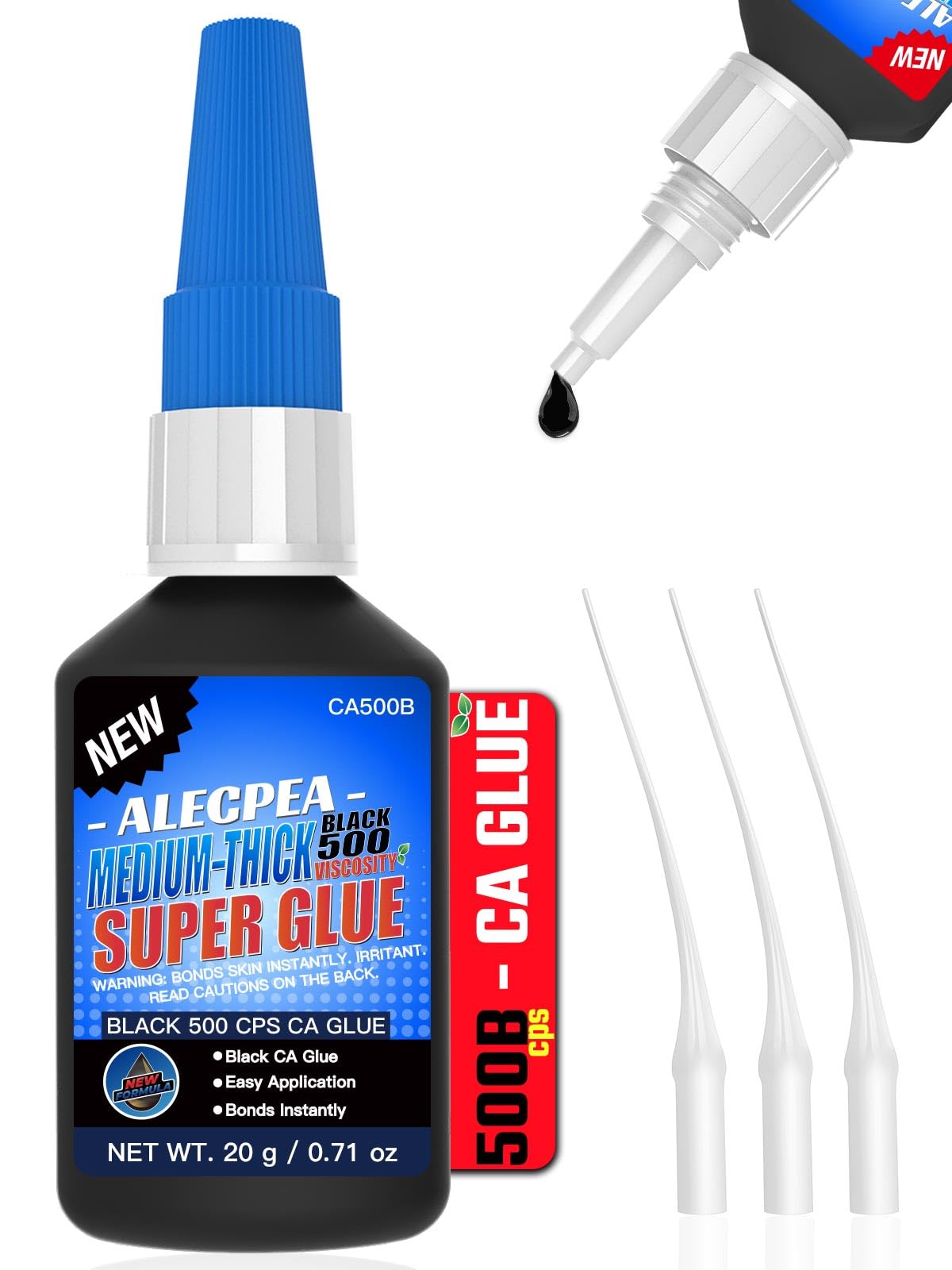 20g Black Medium-Thick CA Glue (500 CPS),Premium Cyanoacrylate Super Glue for Wood, Glass, Metal, Paper, Leather, Plastic, Ceramic, Rubber, Jewelry, Woodworking, Hobby Models, and Craft Project