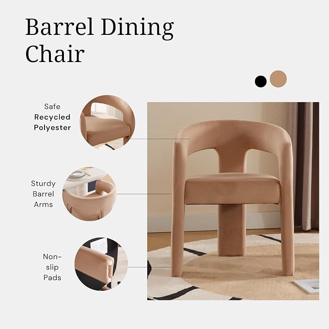 DAYALANE Modern Barrel Dining Chair, Upholstered Accent Kitchen Chair with Arms Comfy Velvet Side Chair for Living Room/Home Office/Reception, Khaki