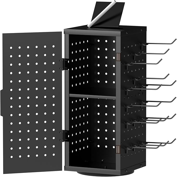 Alyoen Rotating Pegboard Display Stand With 24 Hooks - Metal Spinning Peg Board Organizer Accessories with Magnetic Door D...