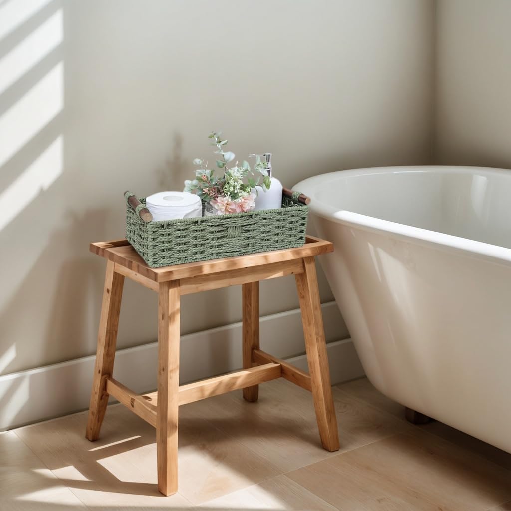 Rattanzenith Green Paper Rope Storage Basket with Wooden Handle – Handwoven Wicker Organizer Bin for Bathroom Toilet Tank Countertop Small Decorative Storage for Toilet Paper Cosmetics