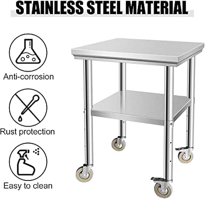 Stainless Steel Table - Metal Table Cart - Commercial Workbench with Caster Wheel - NSF Certified - for Restaurant, Warehouse, Home, Kitchen, Garage,24''x24''