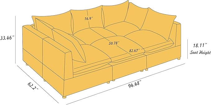 VANOMi Modular Sectional Sofa, Fully Modular Convertible Sleeper Sectional Couch with Reversible Chaise, 6 Seater for Living Room