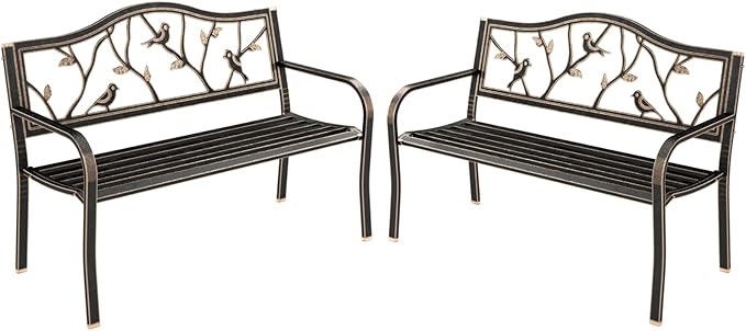 MFSTUDIO Outdoor Metal Bench Set of 2, 50" Outdoor Garden Bench, Patio Metal Frame Park Bench with Bird Pattern Backrest for Porch, Lawn, Deck, Bronze