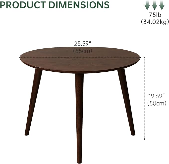 Vadisun Small Oval Coffee Table, 25.6'' Small Mid Century Modern End Table for Living Room, 100% Solid Oak Wood Side Table, Minimalist Display Center Table(Walnut Color, 25.59''Wx17.51''Dx19.68''H)