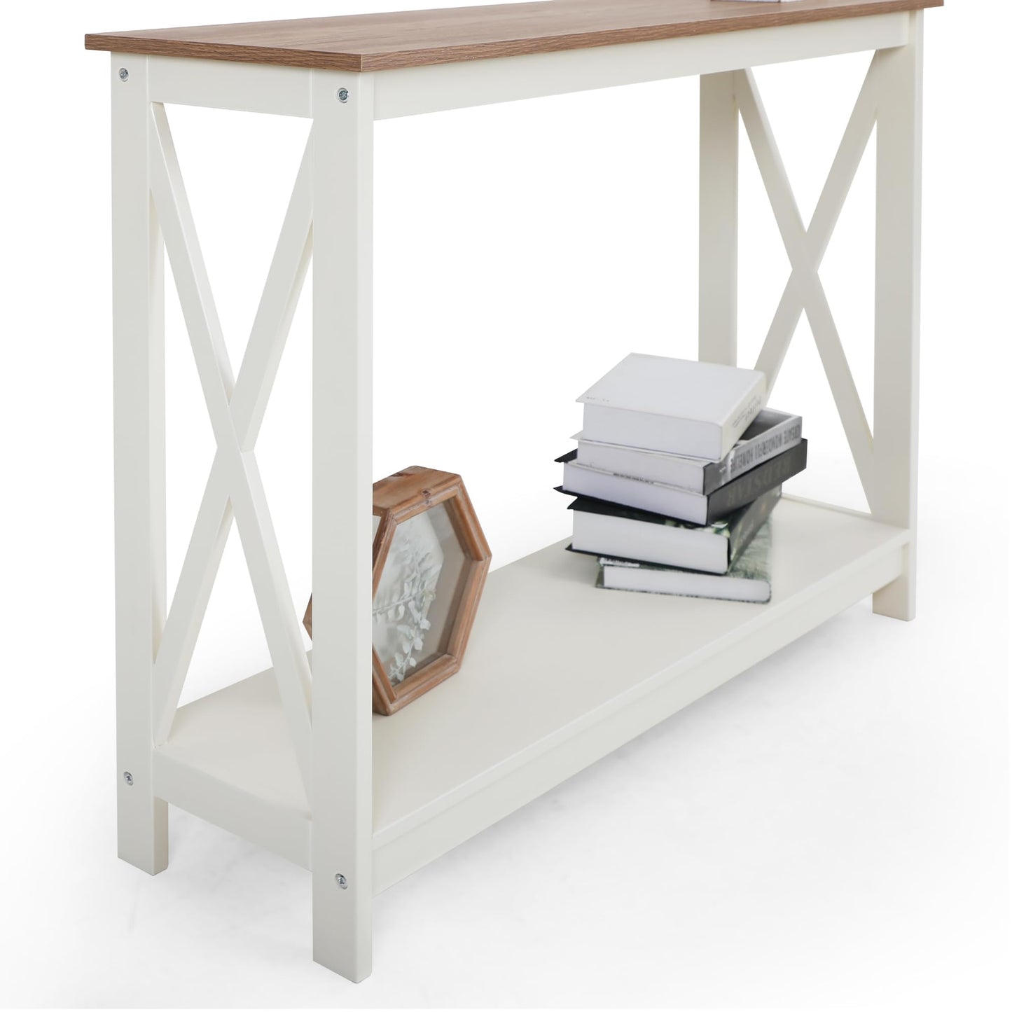 GREEN PARTY 40'' Console Table with Storage Shelf, 2 Tier Farmhouse Sofa Table X-Shaped Design Couch Table Narrow Console Table for Entryway, Hallway, Living Room, Ivory