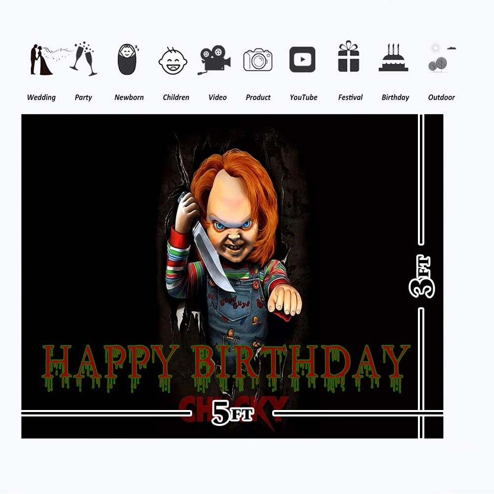 Moonlight Studio Happy Birthday Horror Movie Theme Banner 5x3ft Black Chucky Baby Shower Decorations Background for Party Supplies Vinyl Chucky Backdrop for Birthday