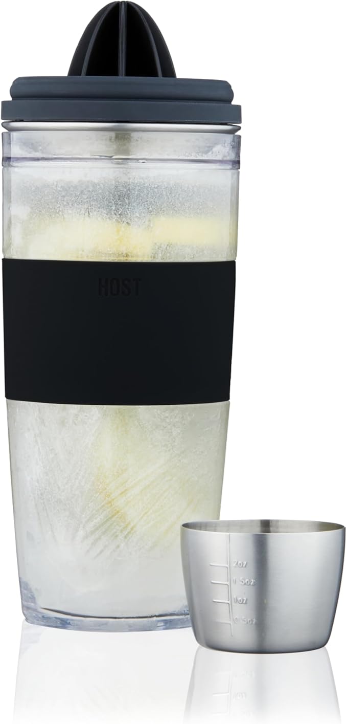 HOST Cocktail Shaker FREEZE Double-Walled Cup with Citrus Reamer, Strainer, Jigger Cap for Cold Brew Cocktails, Stainless ...
