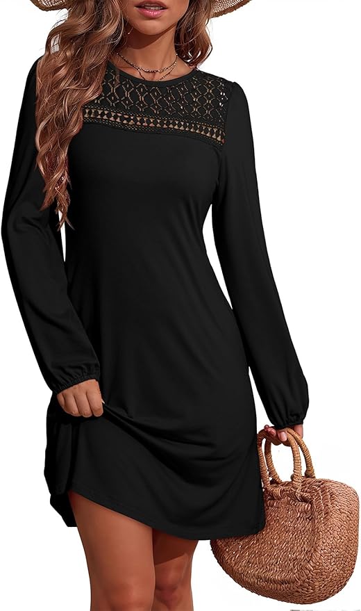 Dokotoo Dresses for Women Crew Neck Long Sleeve A Line Shift Dress Solid Color Loose Fit Mini Dress