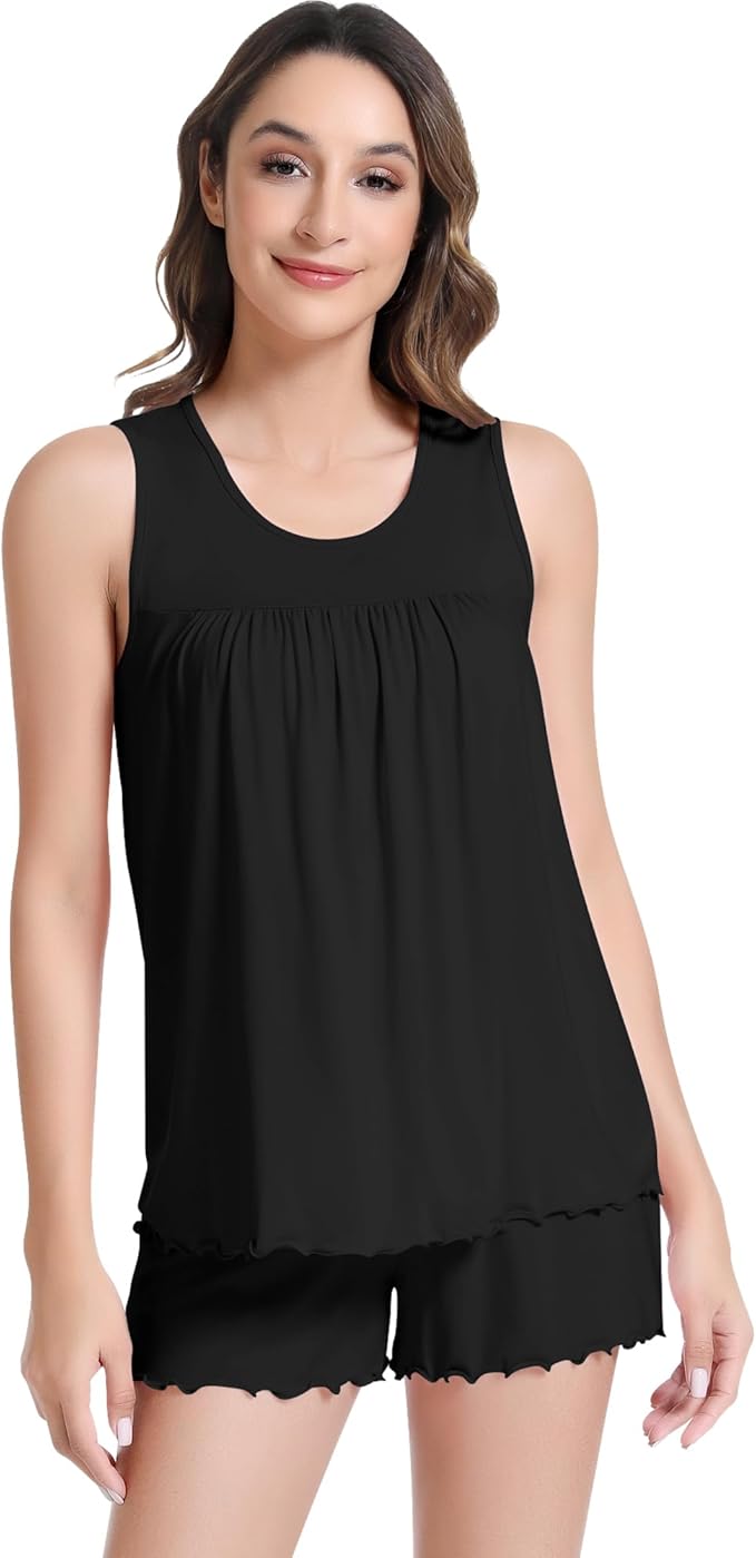 NACHILA Pajamas for Women-Viscose from Bamboo, Ribbed Racerback Tank Top Sexy Split Shorts Pajama Sets Cooling Sleep Cami Pjs
